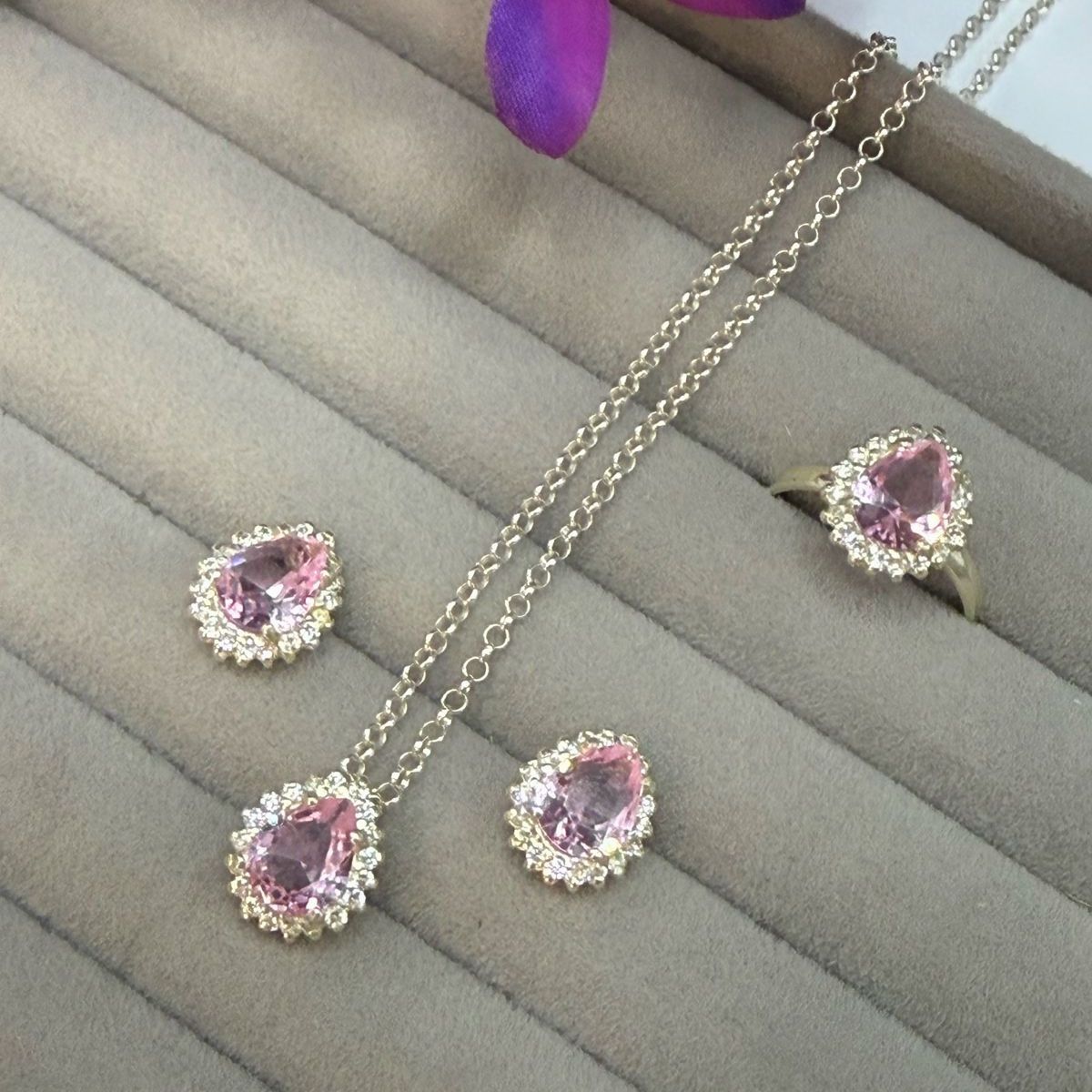 Conjunto Prata 925 em Gota Quartzo Rosa - Imagem 2