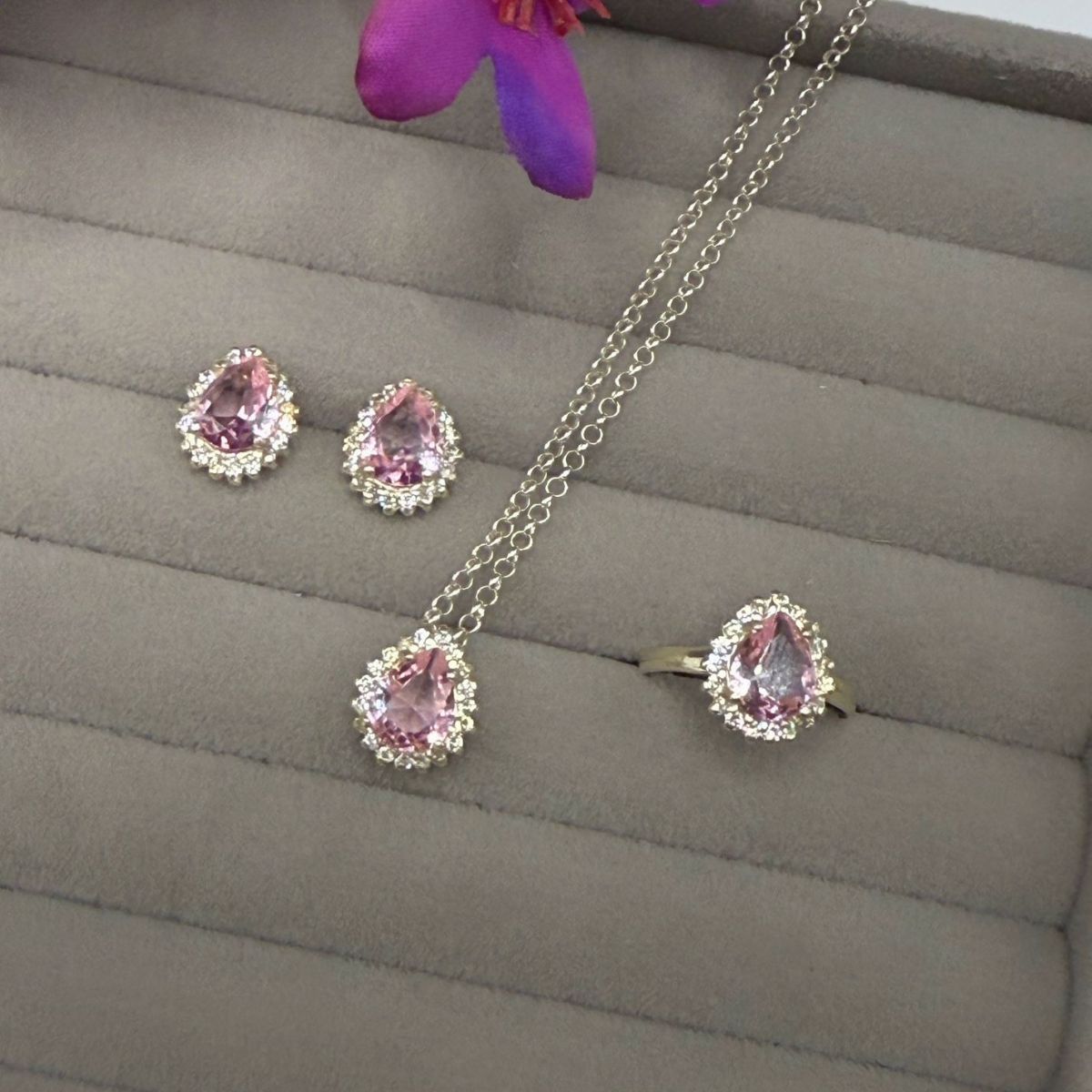 Conjunto Prata 925 em Gota Quartzo Rosa - Imagem 4